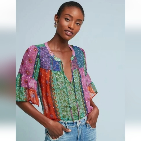 Akemi + Kin Antonella Patchwork Peasant Top Size M Anthropologie Boho Colorful - Picture 1 of 13